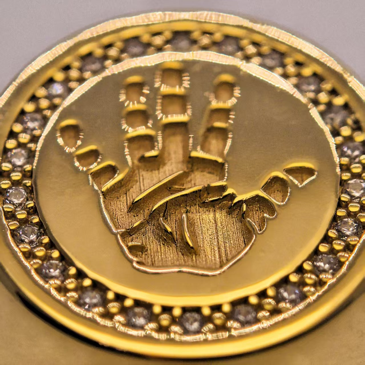 18K Gold Vermeil Handprint 3D deep engraved ring with gemstone embellishments