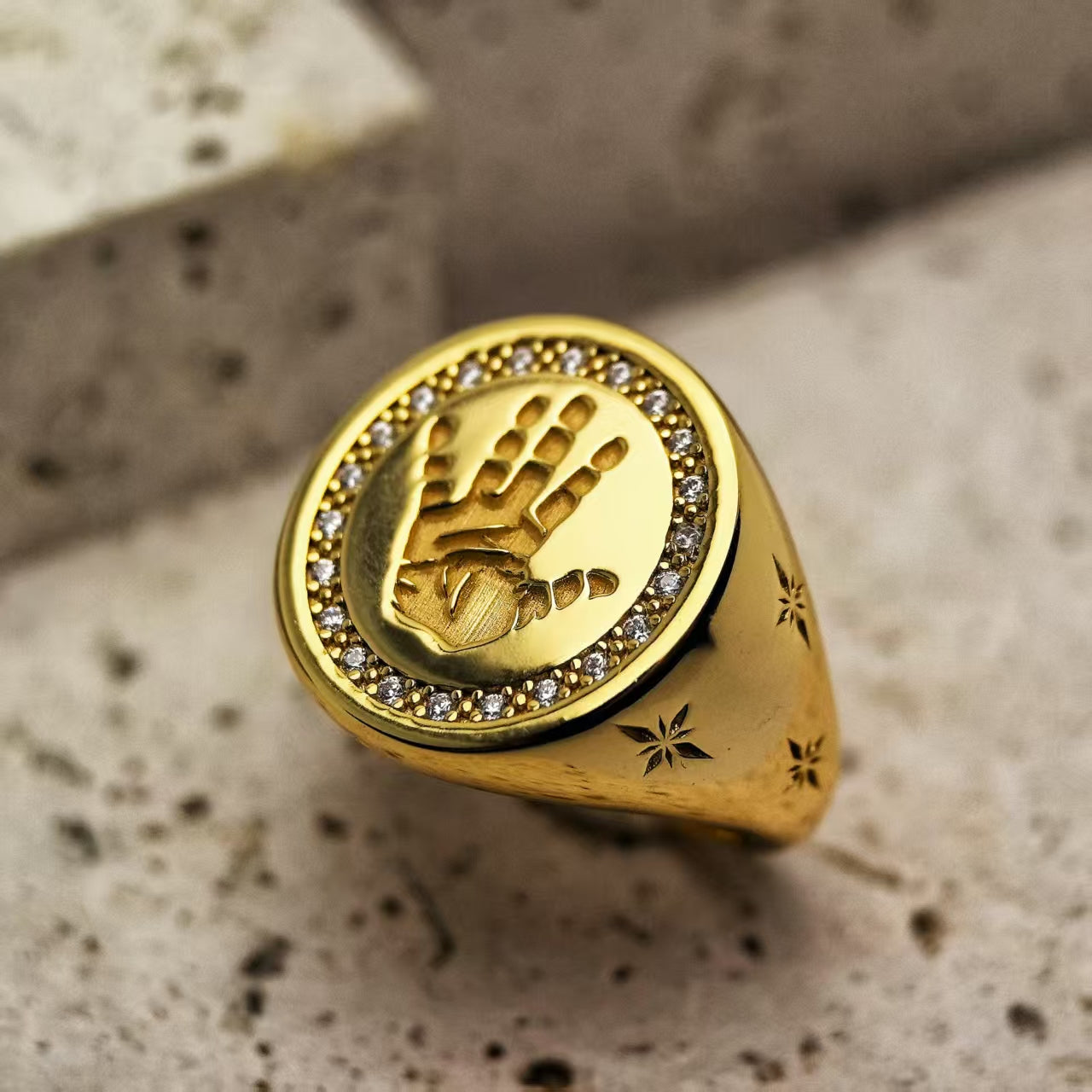 18K Gold Vermeil Handprint 3D deep engraved ring with gemstone embellishments