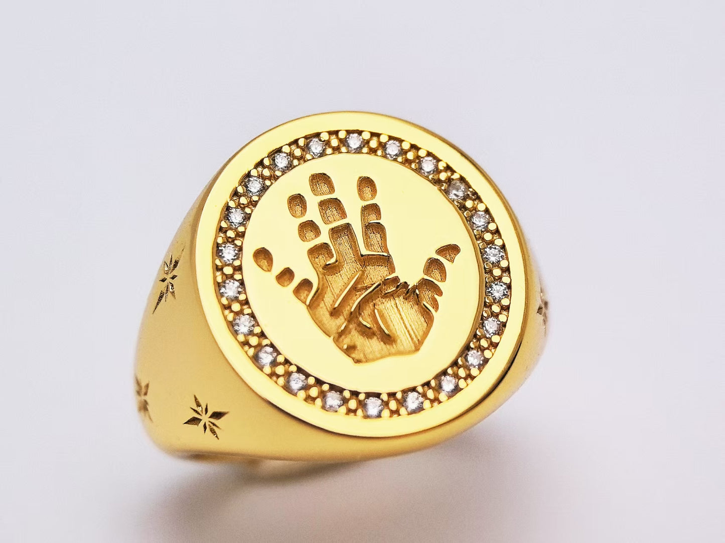 18K Gold Vermeil Handprint 3D deep engraved ring with gemstone embellishments