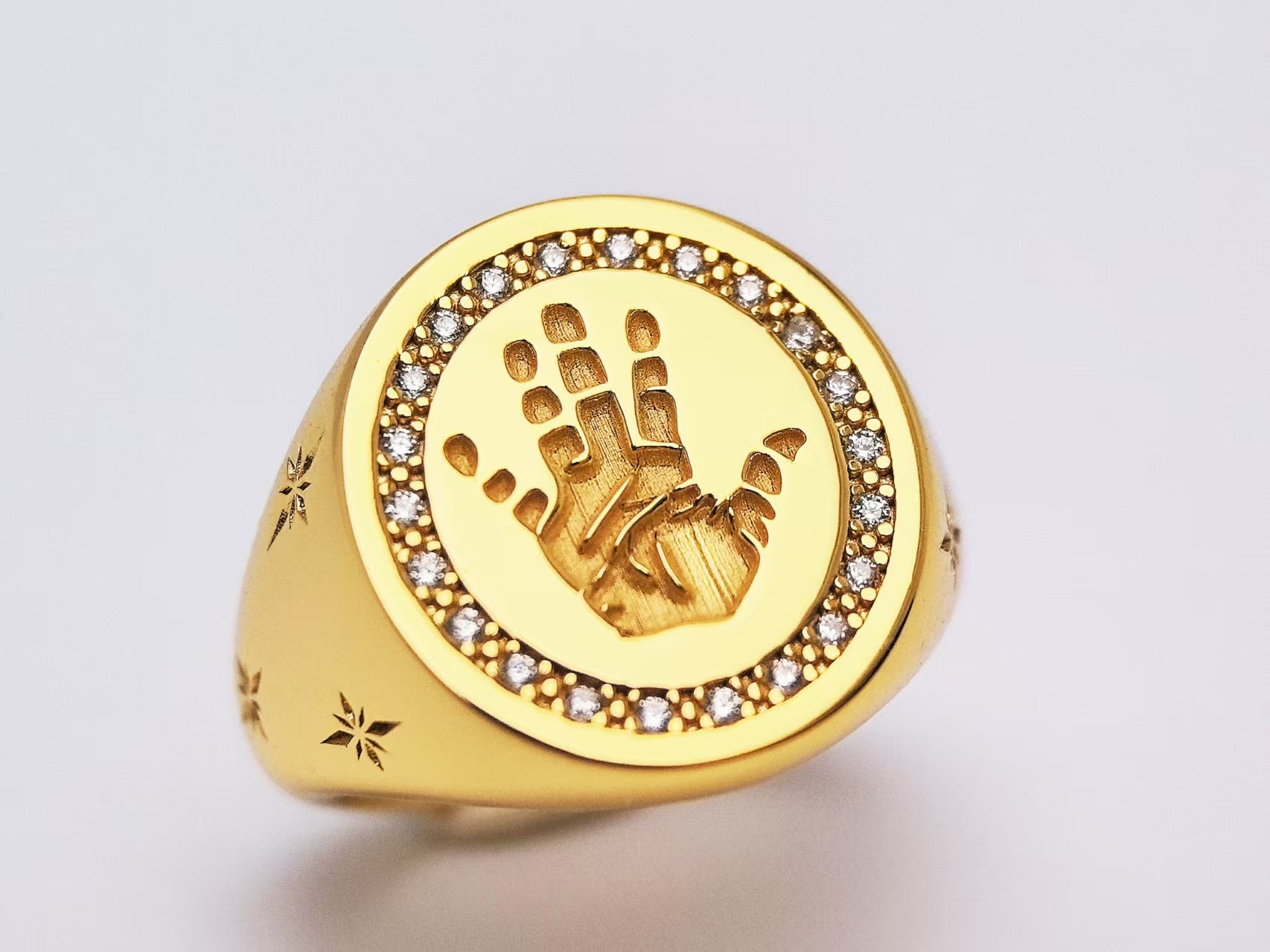 18K Gold Vermeil Handprint 3D deep engraved ring with gemstone embellishments