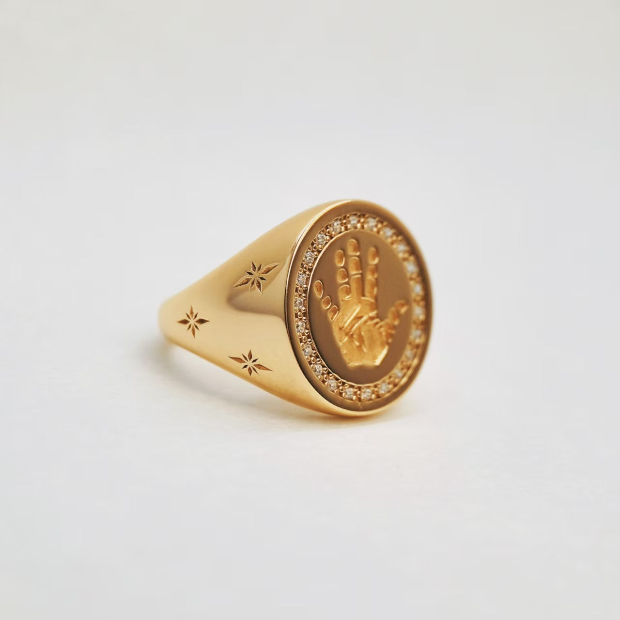 18K Gold Vermeil Handprint 3D deep engraved ring with gemstone embellishments
