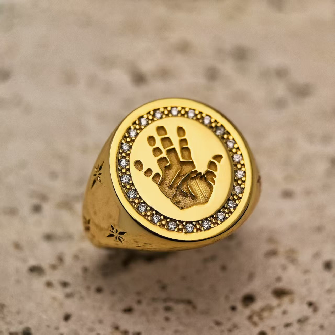 18K Gold Vermeil Handprint 3D deep engraved ring with gemstone embellishments