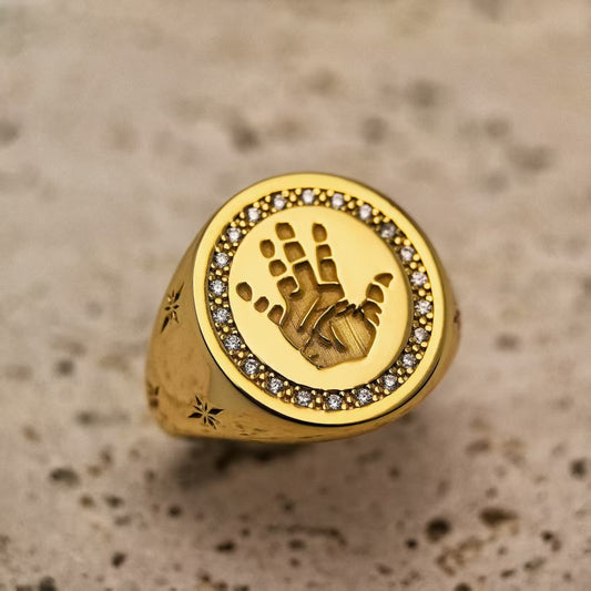 18K Gold Vermeil Handprint 3D deep engraved ring with gemstone embellishments