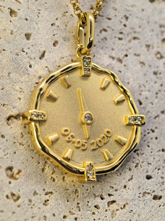 The Classic Birthtime Clock Necklace | Frosted Finish | Rolo Chain