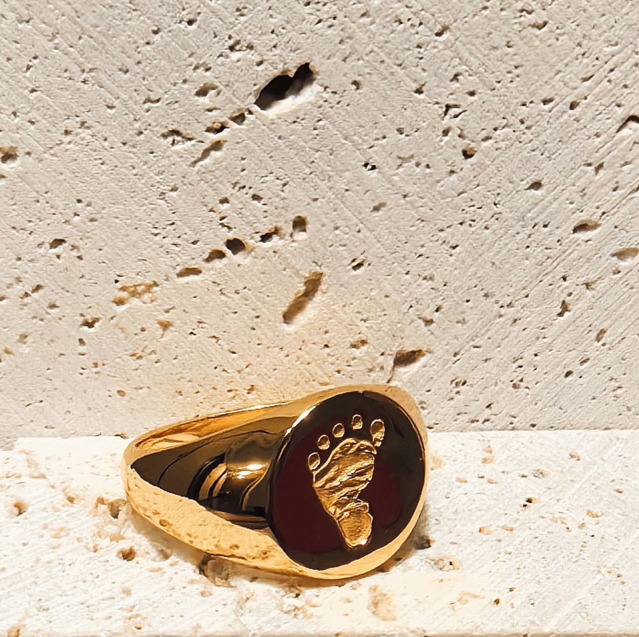 18K Gold Vermeil footprint 3D deep engraved ring 