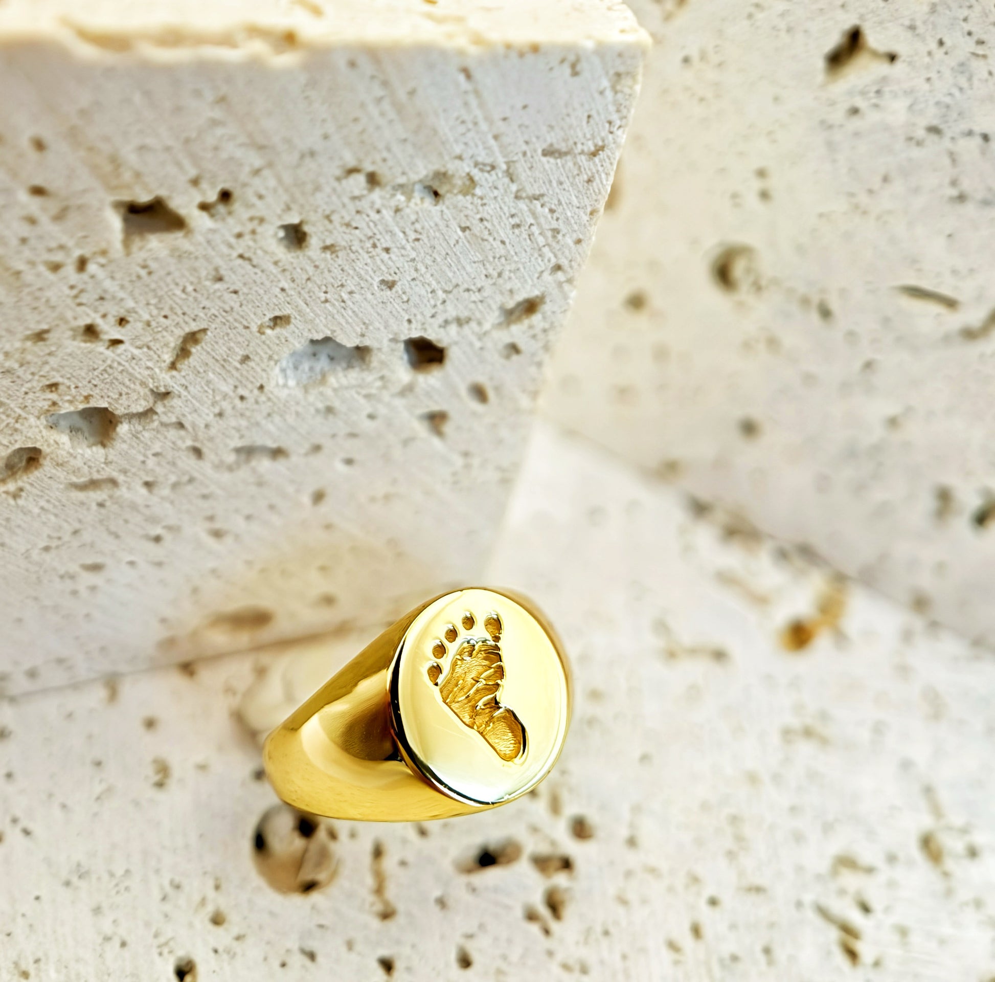 18K Gold Vermeil baby Footprint 3D deep engraved ring