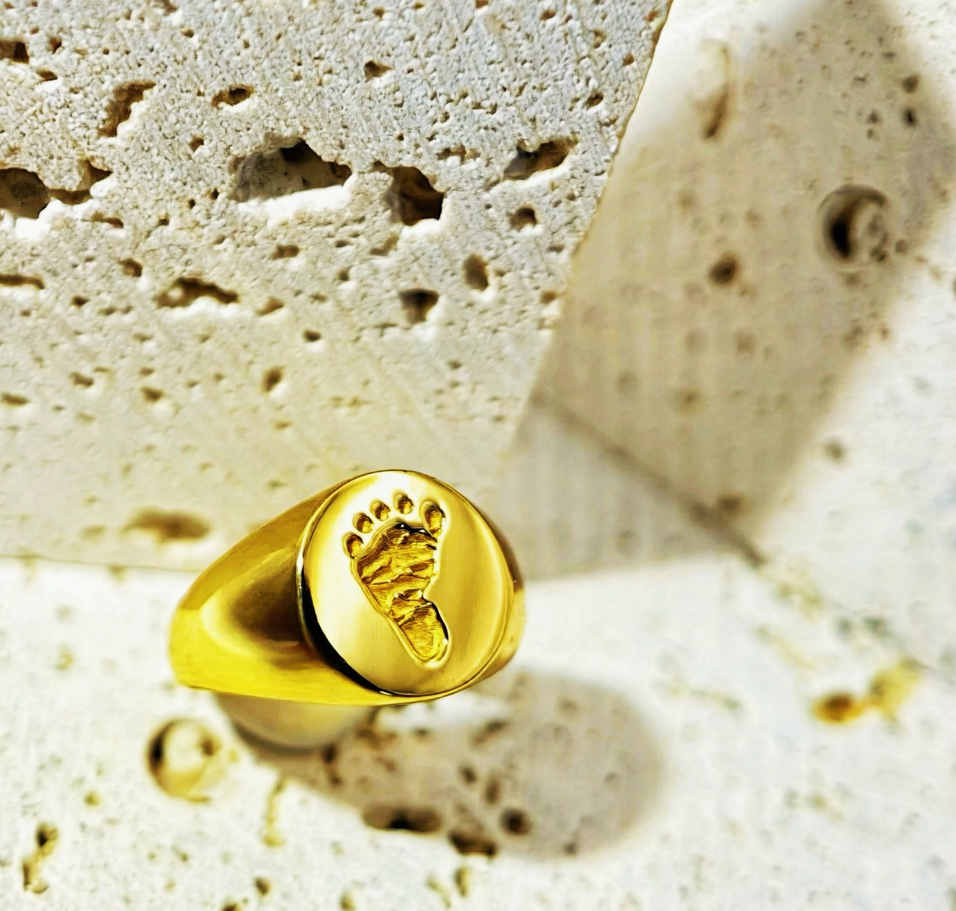 18K Gold Vermeil baby Footprint 3D deep engraved ring