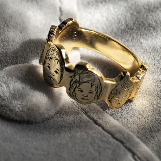 18K Gold Vermeil ring with handcraft 3D engraved designs of six baby photo portraits