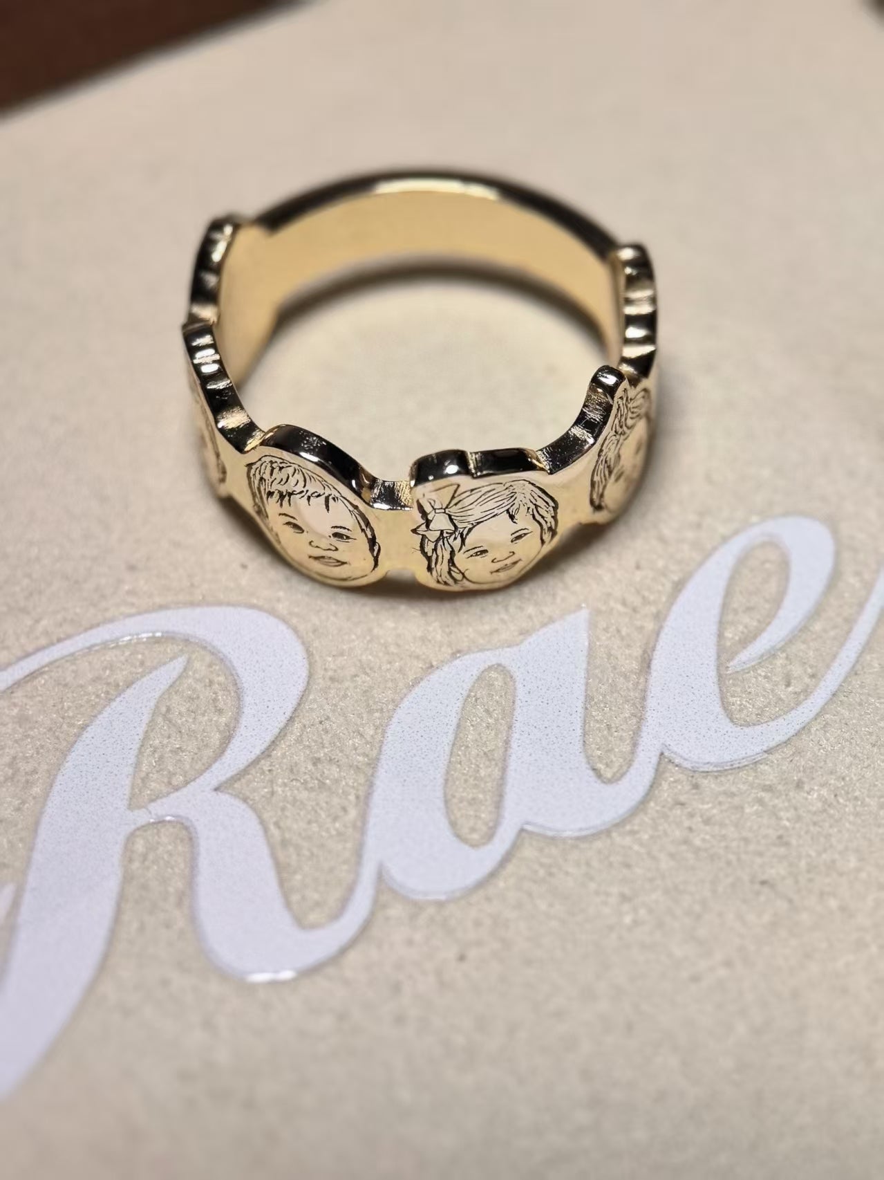 18K Gold Vermeil ring handcraft with 3D engraved designs of six photo portraits