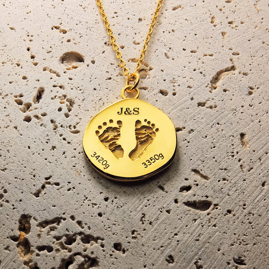 8K Gold Vermeil customized necklace with a pendant featuring footprints and initials with deep engraved and handcrafted surface