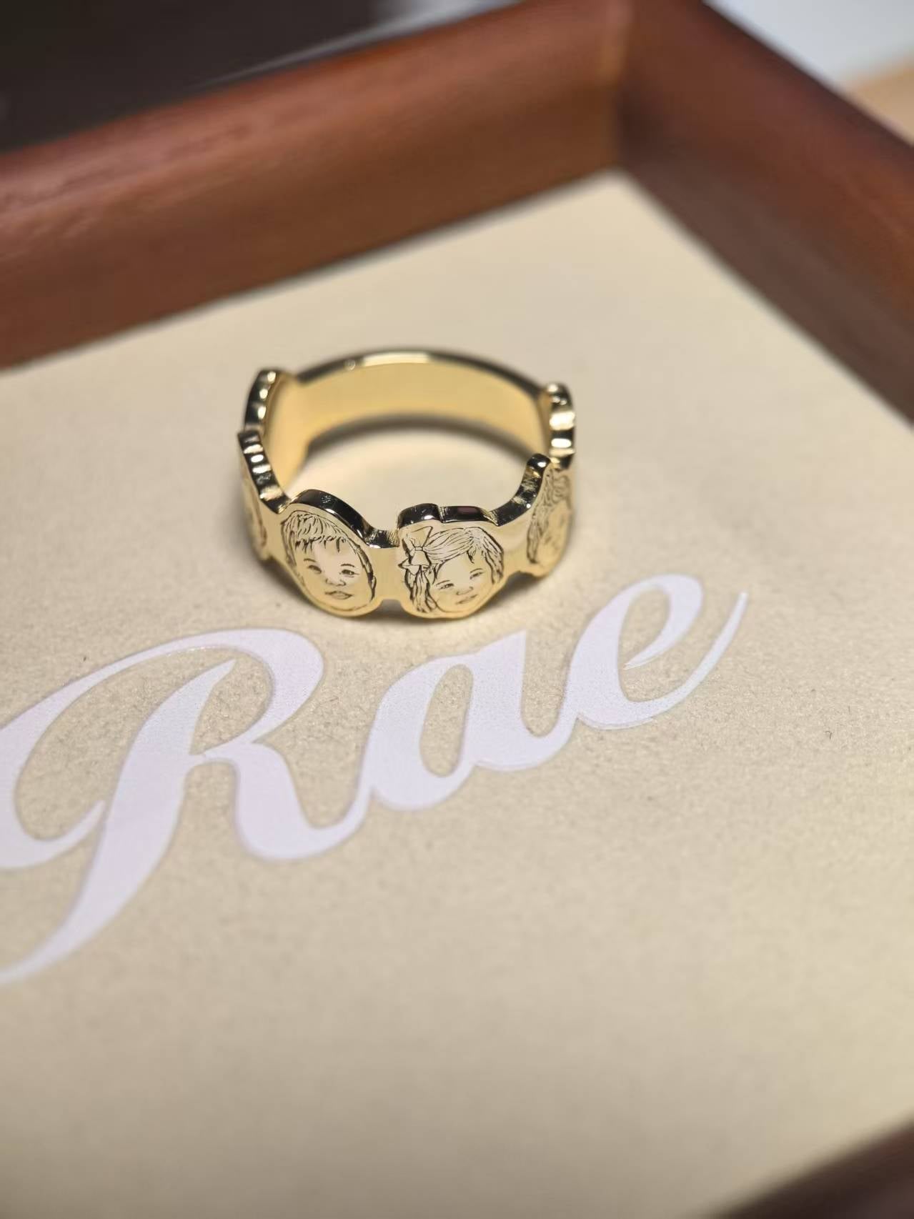 18K Gold Vermeil ring with handcraft 3D engraved designs of six photo portraits