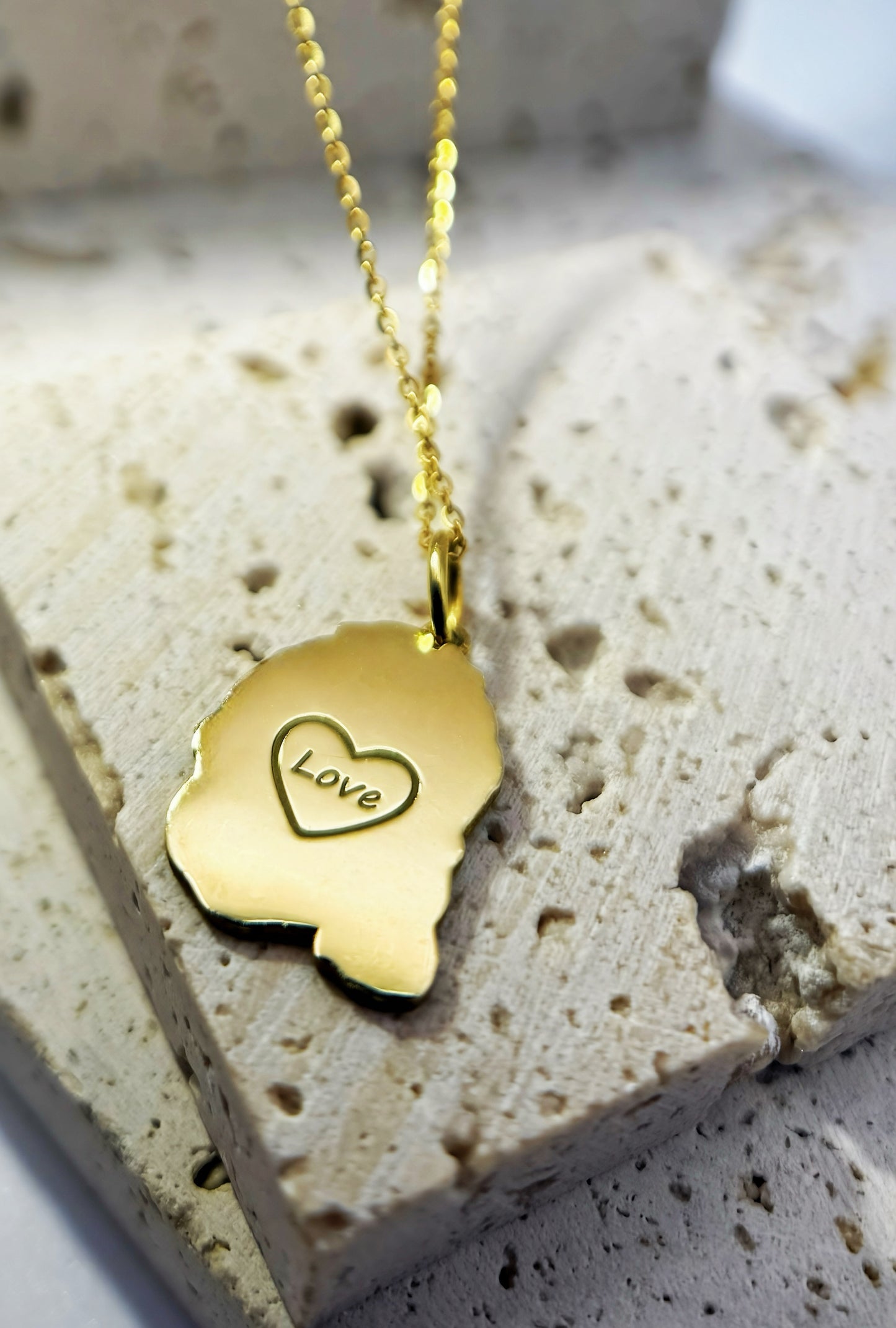 18K Gold Vermeil personalize baby portrait necklace with heart shape and LOVE letter engraving on the back